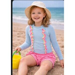 Mini Boden Long Sleeved Zip Stripe Frill Swim Suit 8/9